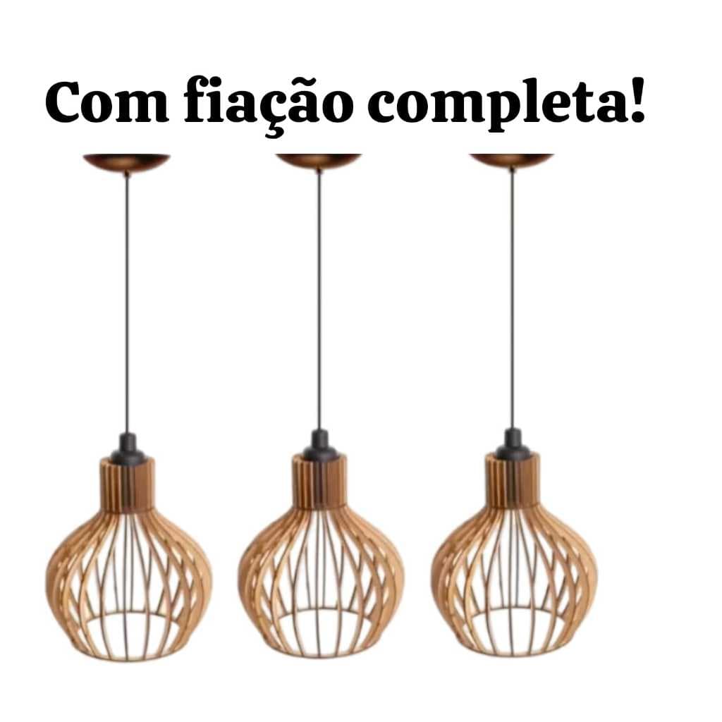 Kit 3 lustre luminaria de teto em mdf com fiação completa