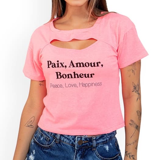 Blusa Cropped Feminina de Algodão e Elastano Decote Busto Estampa Paix Amour Bonheur