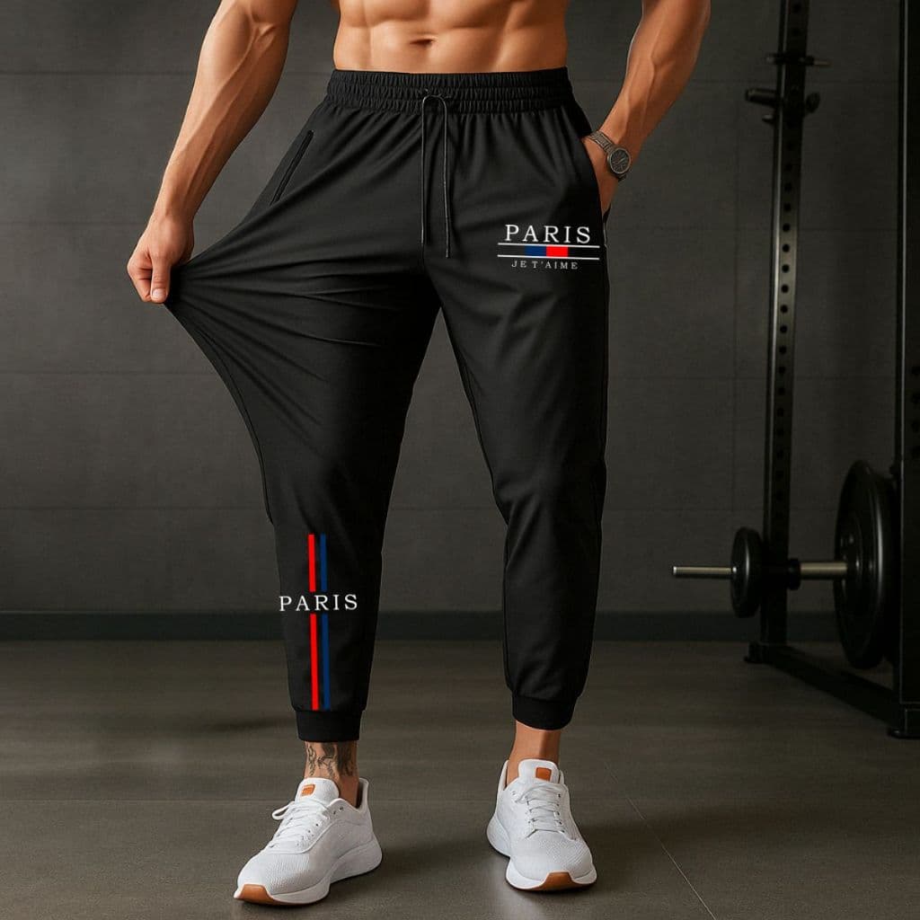 Calça Modelagem Chimpa Tecido Leve Confortável Estampa Paris Peluciado Moda Masculina Treino Machão