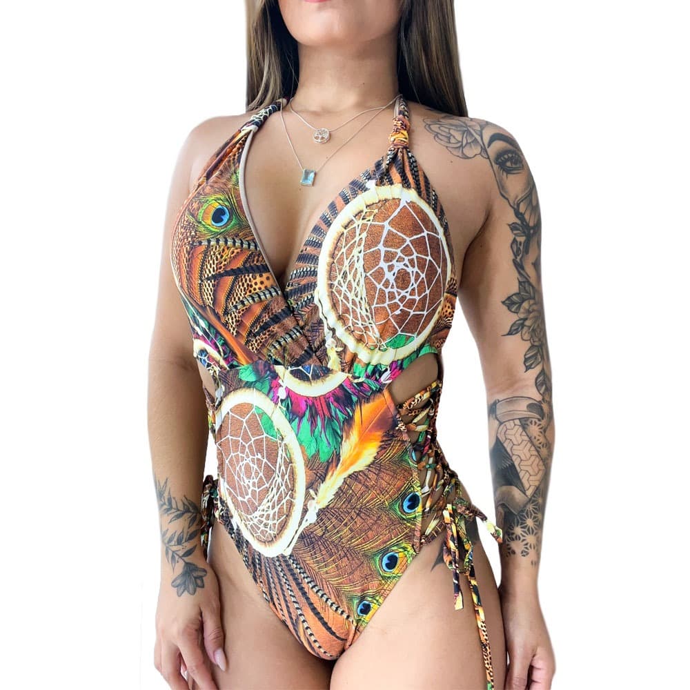 Maiô trançado feminino com regulagem nas laterais bojo removível hot pants modelador