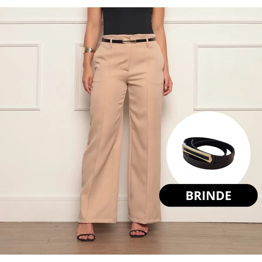 Calça Pantalona Feminina Alfaiataria Com Ziper E Bolso