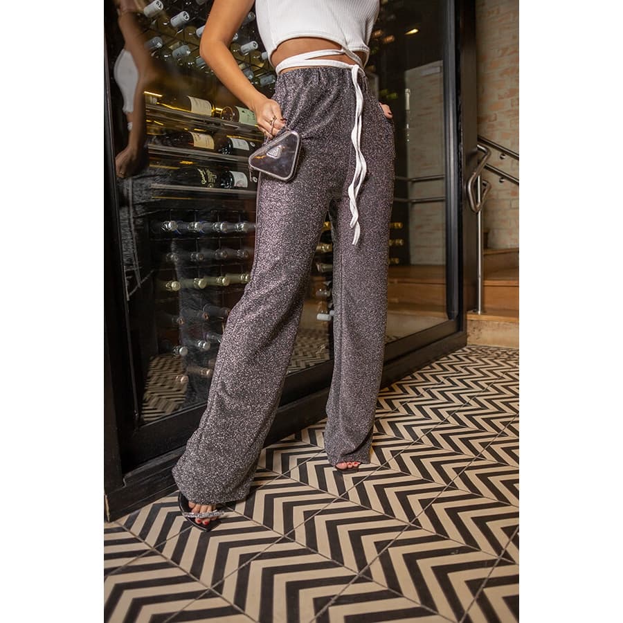 Calça Feminina Pantalona Lurex Luxo Brilho Balada Elástico na Cintura