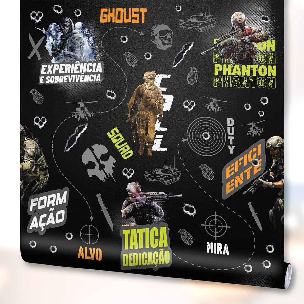 Papel de Parede Adesivo Decoração Quarto Personagens Game call of duty Lavável Fundo Preto