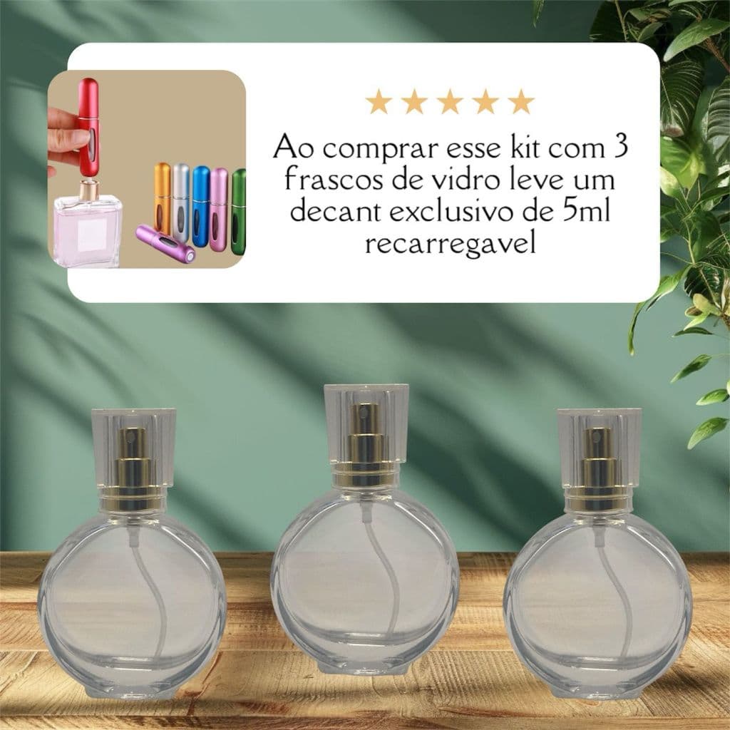 Kit  Frascos de Vidro para Perfume 25ml redondo Com Válvula Spray e Tampa Acrilico - Prático Portátil Recarregável