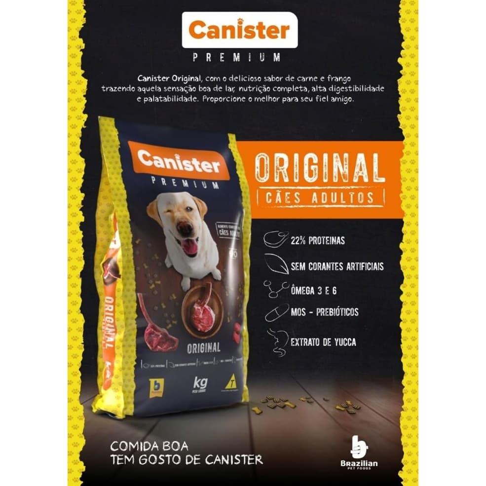 Ração Premium Para Cachorro Canister Original 22% Proteina 15kg - Ração sem Corantes Cães Adultos