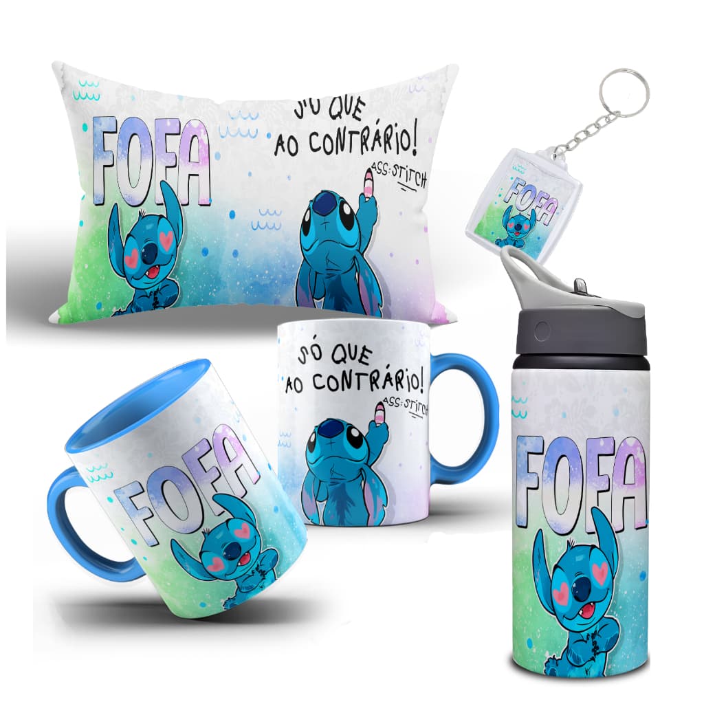 Kit Caneca, Almofada Garrafa e Chaveiro Stich - Fofa