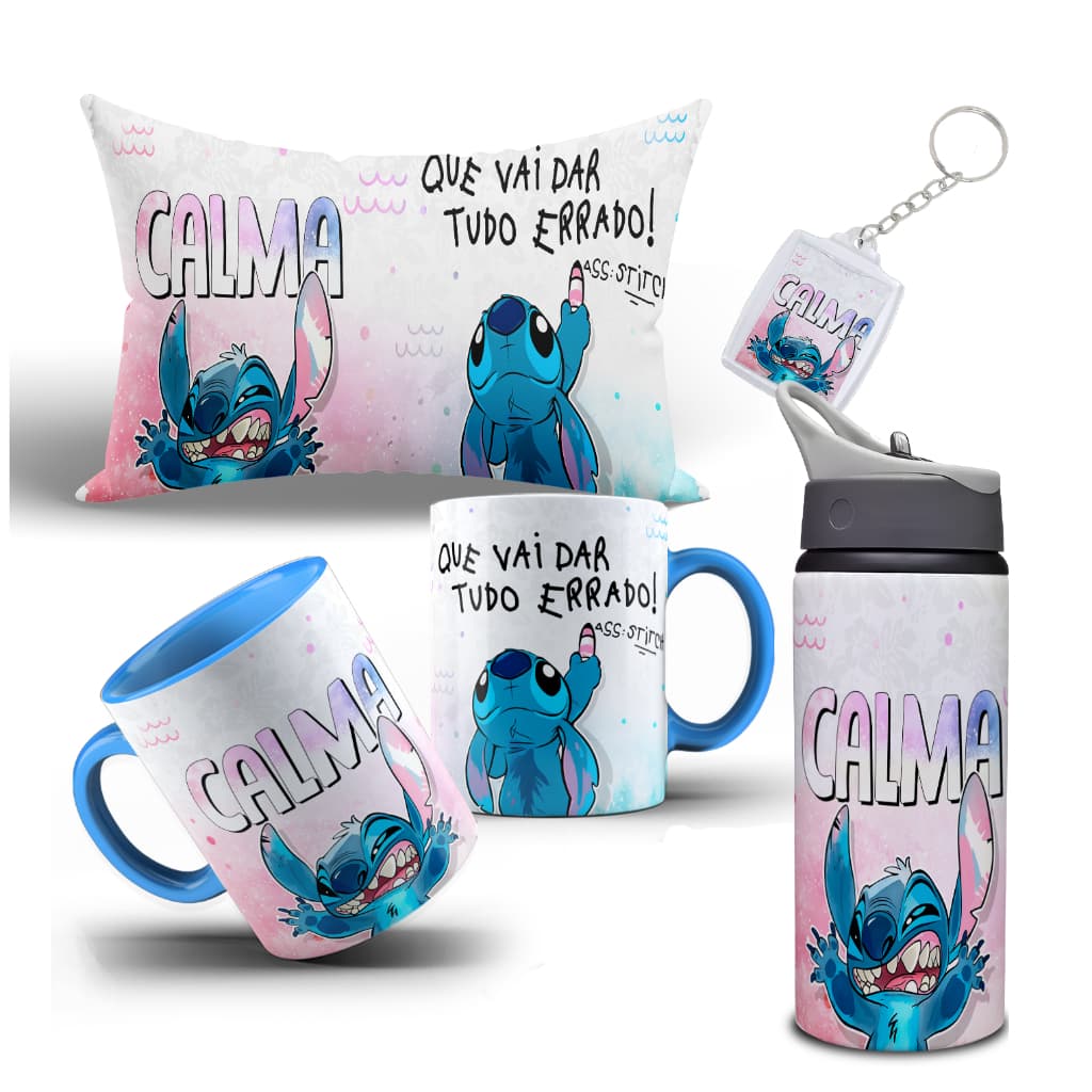 Kit Caneca, Almofada Garrafa e Chaveiro Stich - Calma