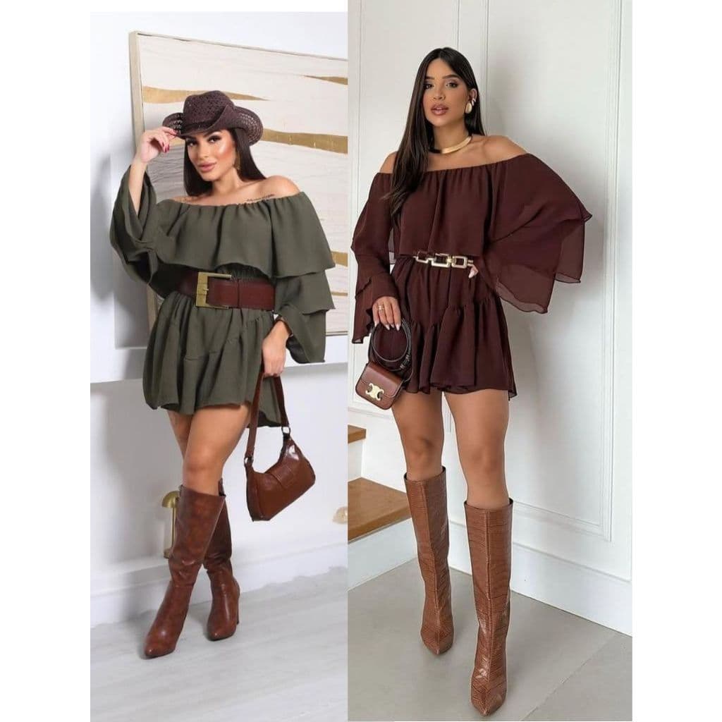 Vestido Macaquinho  manga longa Boho Babado Ciganinha Feminino Duna