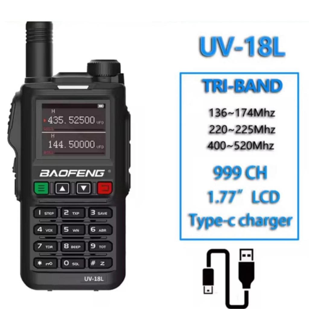 Walkie Talkie Baofeng UV-18L Tri Band 50 Km Rádio Comunicador Tipo-C 999 Canais Fm Profissional