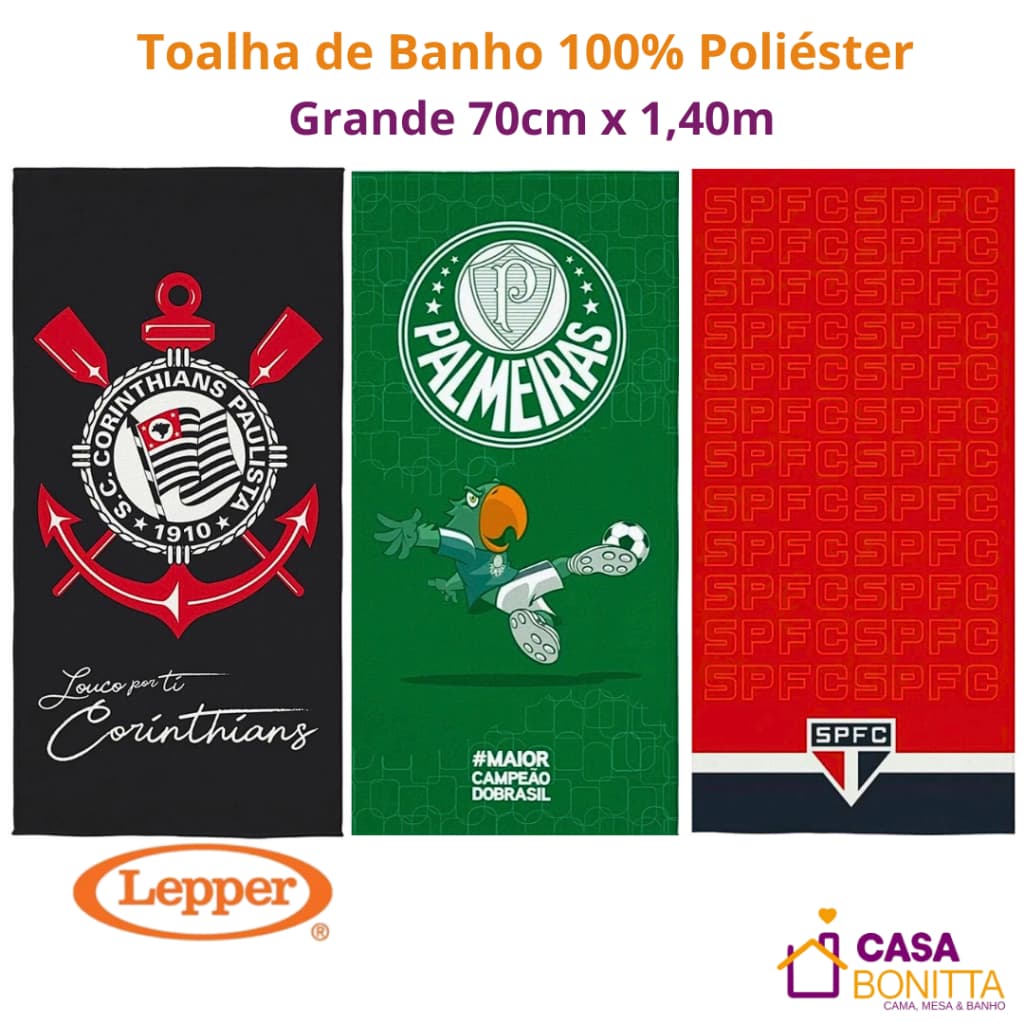 Toalha de Time Banho 100% Poliéster Grande 70cm x 1,40m Qualidade Lepper
