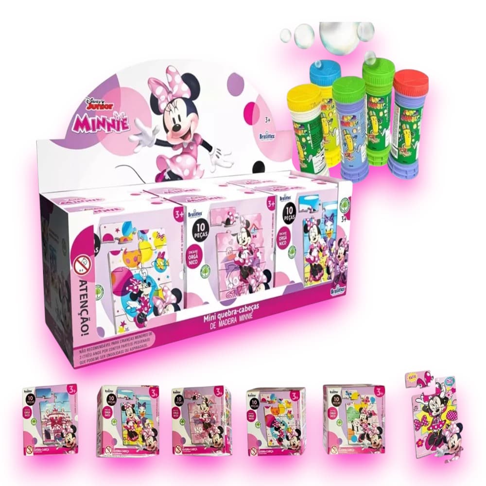 6 Jogo Quebra Cabeça Minnie Infantil + 6 Bolha Bolinha De Sabão