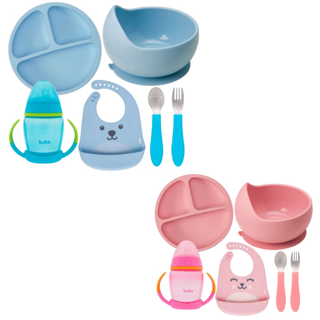 Kit Introdução Alimentar Buba Prato Silicone Ventosa Prato Bowl Babador Copo Talher Colher Garfo Inox