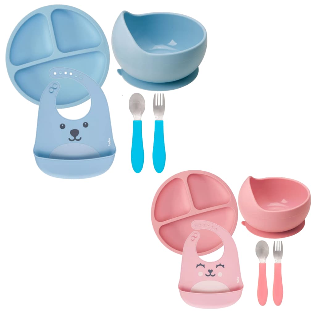 Kit Introdução Alimentar Buba Prato Silicone Ventosa Prato Bowl Babador Talheres Colher Garfo Inox