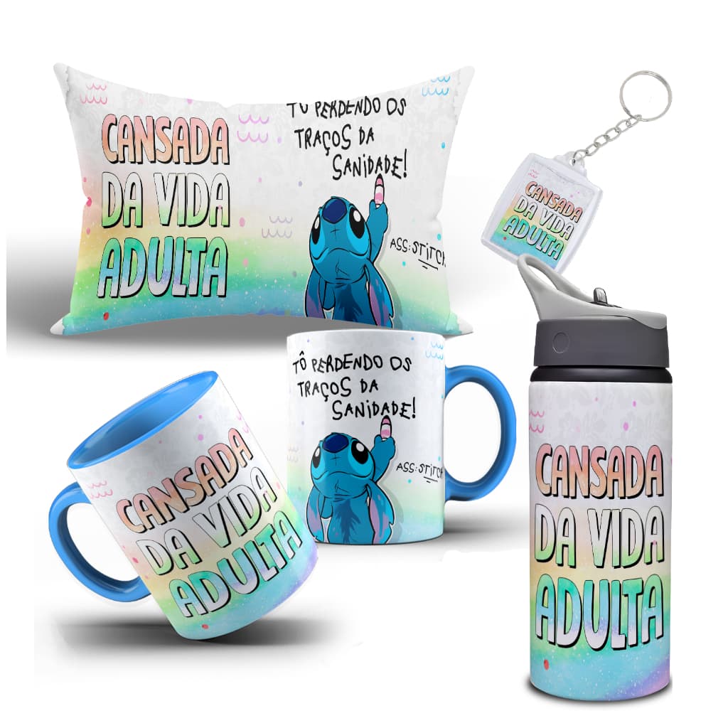 Kit Caneca, Almofada, Garrafa e Chaveiro Stich - Cansada