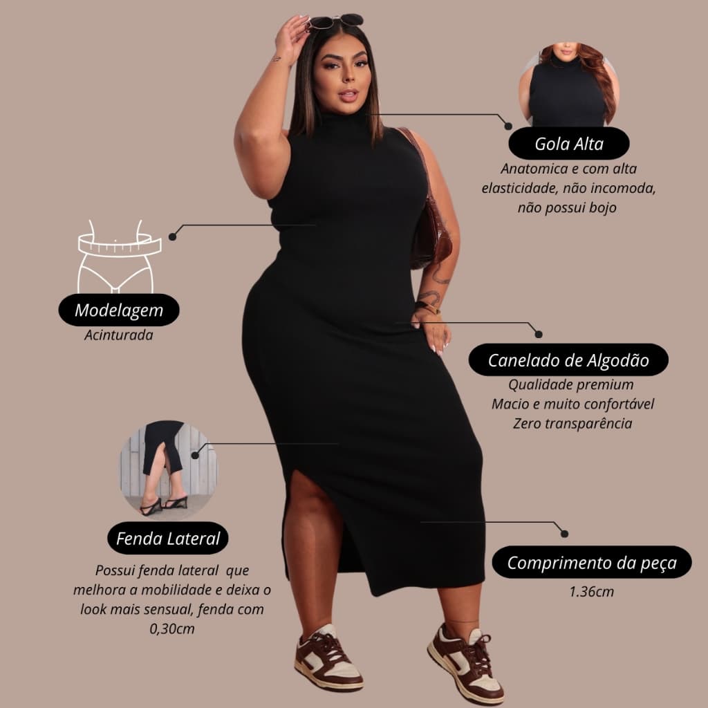 Vestido feminino plus size longo gola alta com fenda ribana canelado algodão premium casual festa rua basico justo