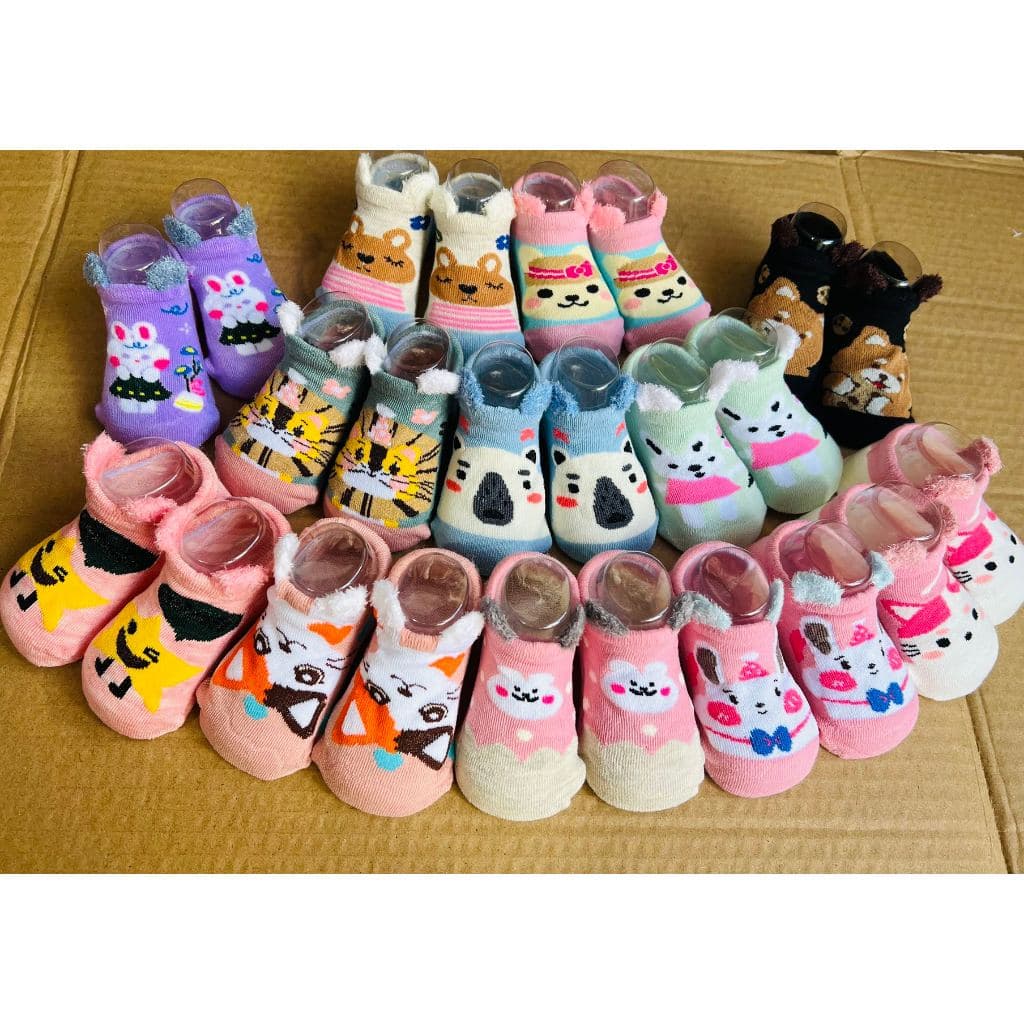 KIT 3-12 pares Meias Infantis com Orelhinhas e Estampa Cartoon - Algodão - 0-10Anos menina