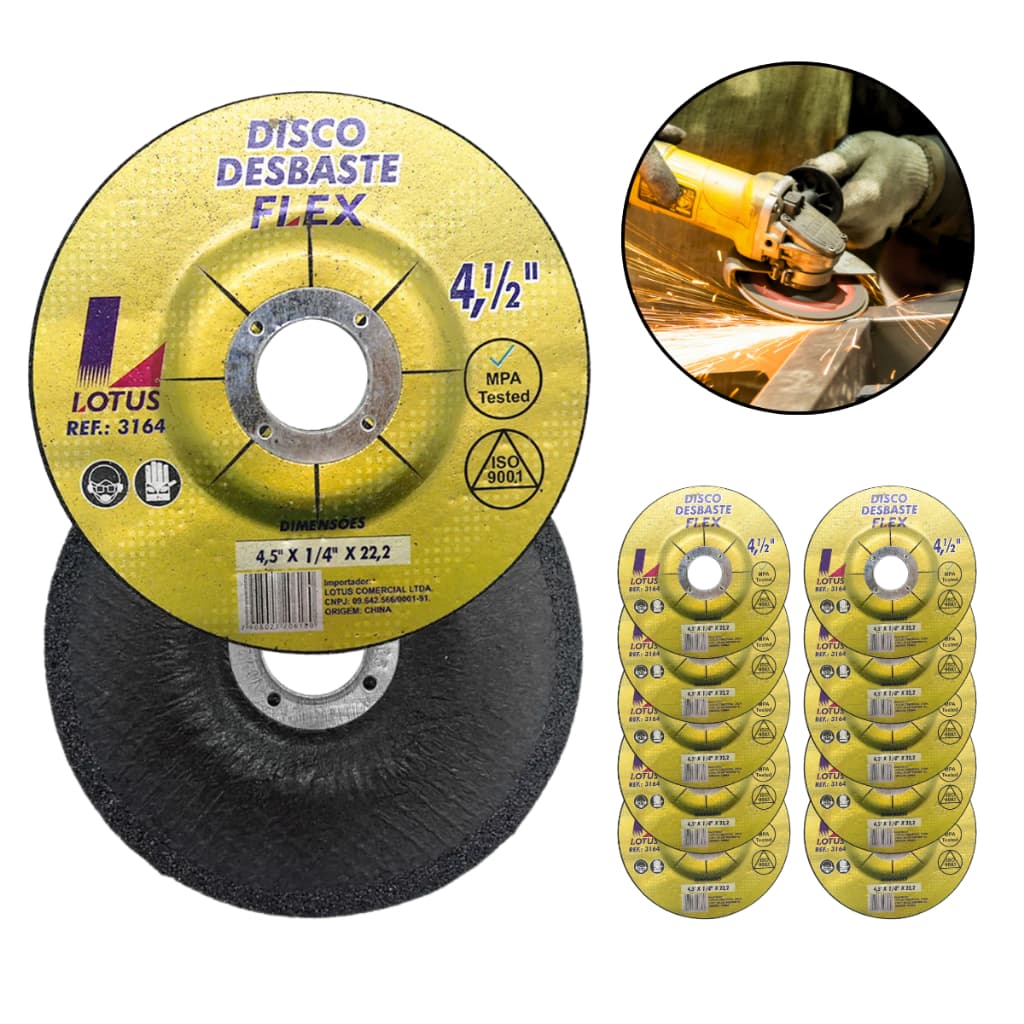 10 Discos de Desbaste Metal Ferro Lotus 4.1/2" Profissional Para Esmerilhadeira Lixadeira Angular