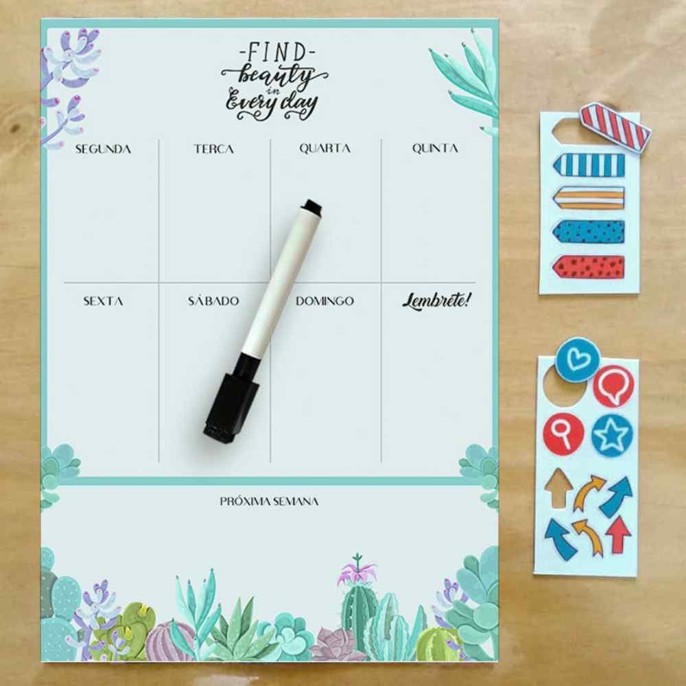 Planner Personalizado Magnético com Caneta com Apagador e marcadores com imã - Organizador de Rotina