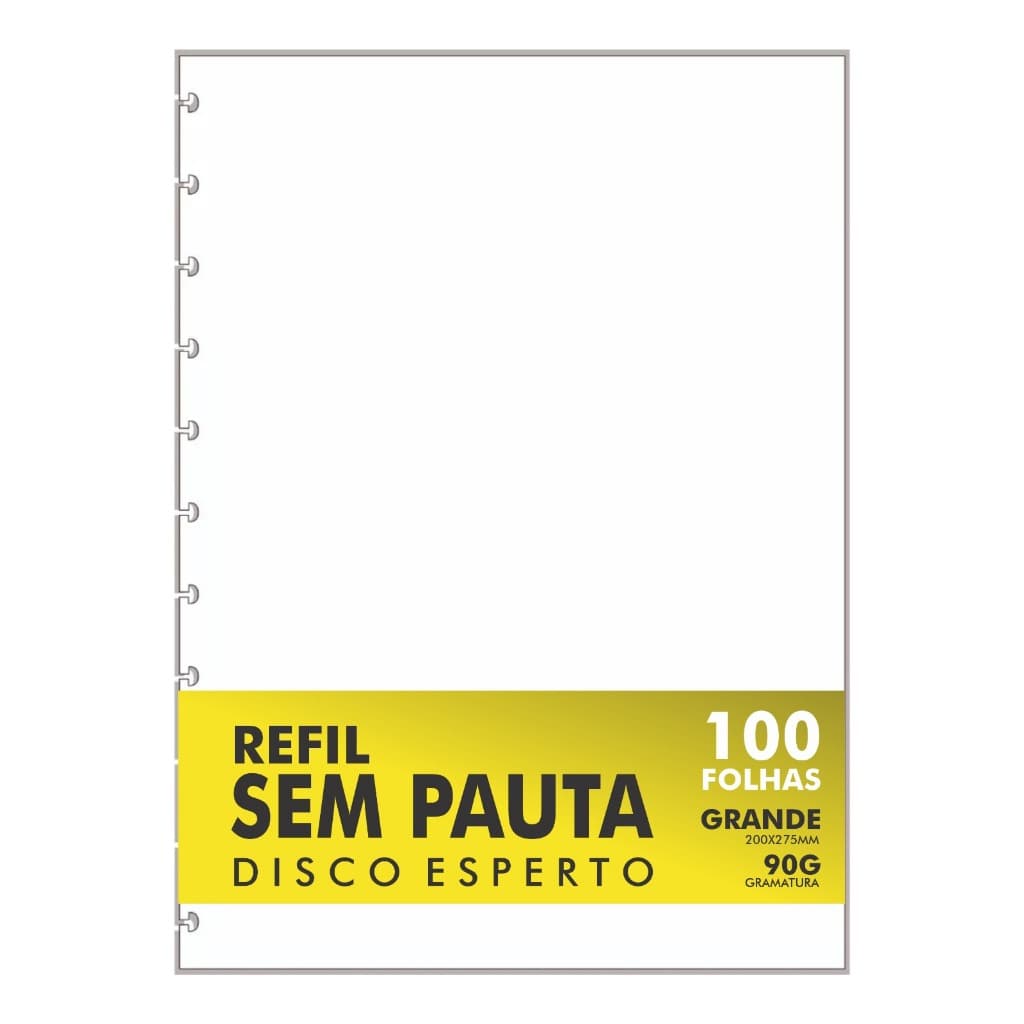 Refil Genérico Compatível Caderno de Discos e Inteligente 100 Folhas Grande 11 Furos  Sem Pauta 90g