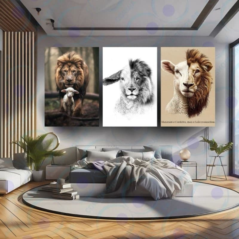 3 Quadros Decorativos 40X30 Sala Quarto Cozinha Escritório Leão Cordeiro Fê