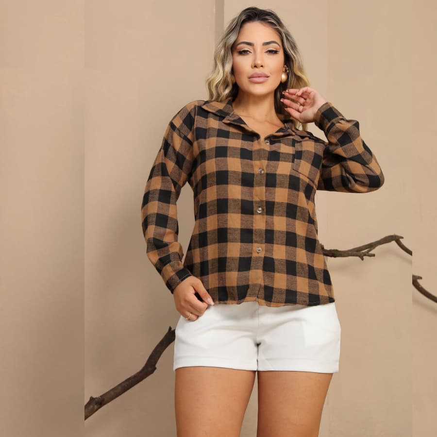 Camisa Xadrez Feminina Manga Longa Tecido Algodão Flanelado