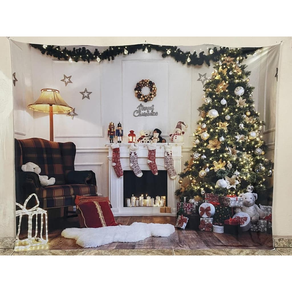 Fundo Fotográfico 2x1,60mts LxA em malha Sublimada Árvore de Natal e Lareira com Sapatinhos