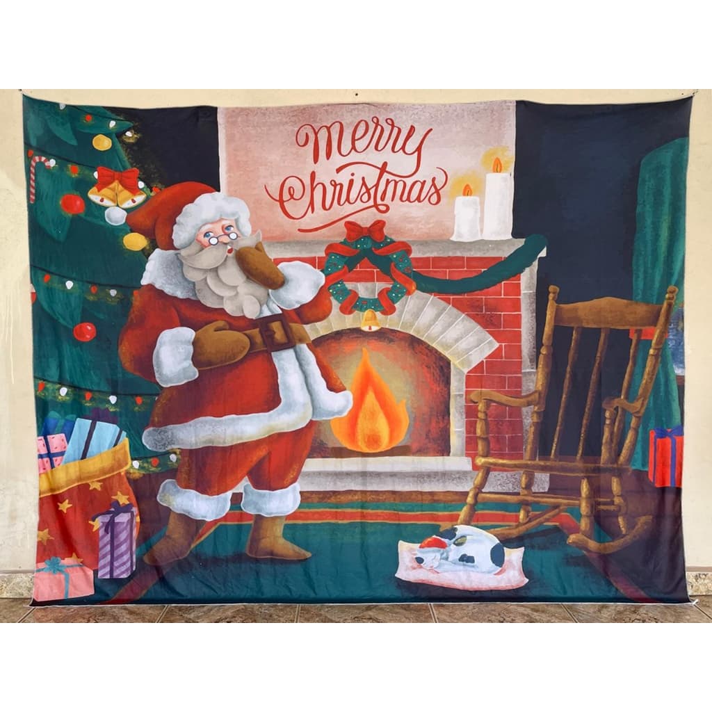 Fundo Fotográfico 2x1,60mts LxA em malha Sublimada Árvore de Natal Lareira e Papai Noel Desenho