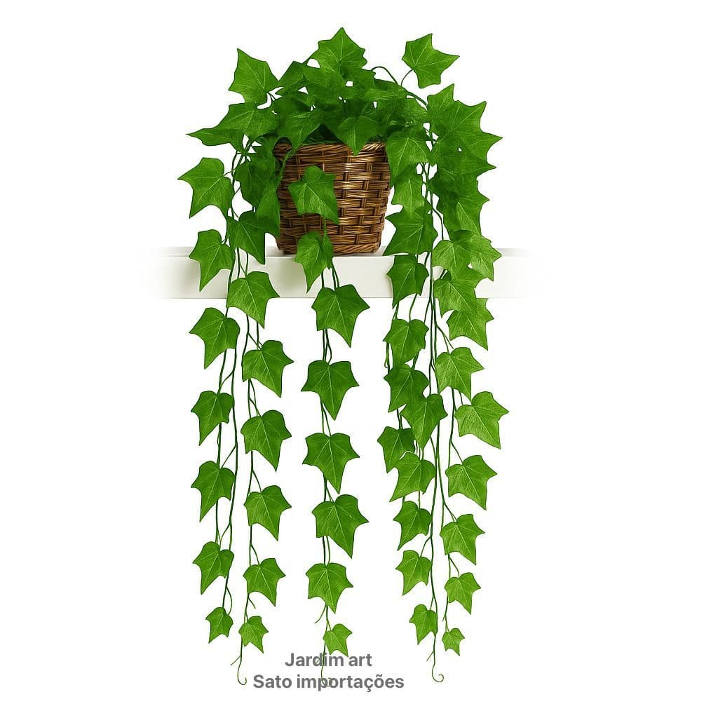Kit 1 Arranjo Planta Decorativa + Vaso Trançado Marrom 3 Pendentes Artificial Folhas De Hera PT11