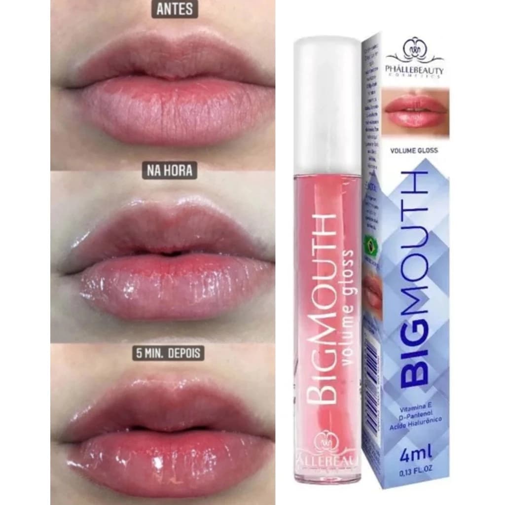 Gloss Labial Volume BIG MOUTH Phállebeauty ROSE – C/ Ácido Hialurônico, Vitamina E, D-Pantenol