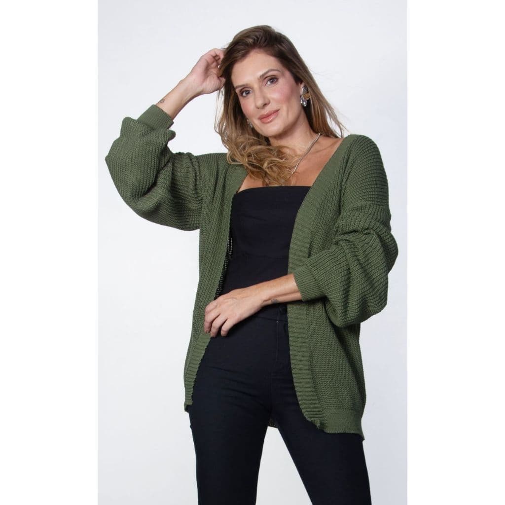 Casaco Cardigan Tricot Ponto Pérola Manga Bufante Tricô Fang Básico Inverno