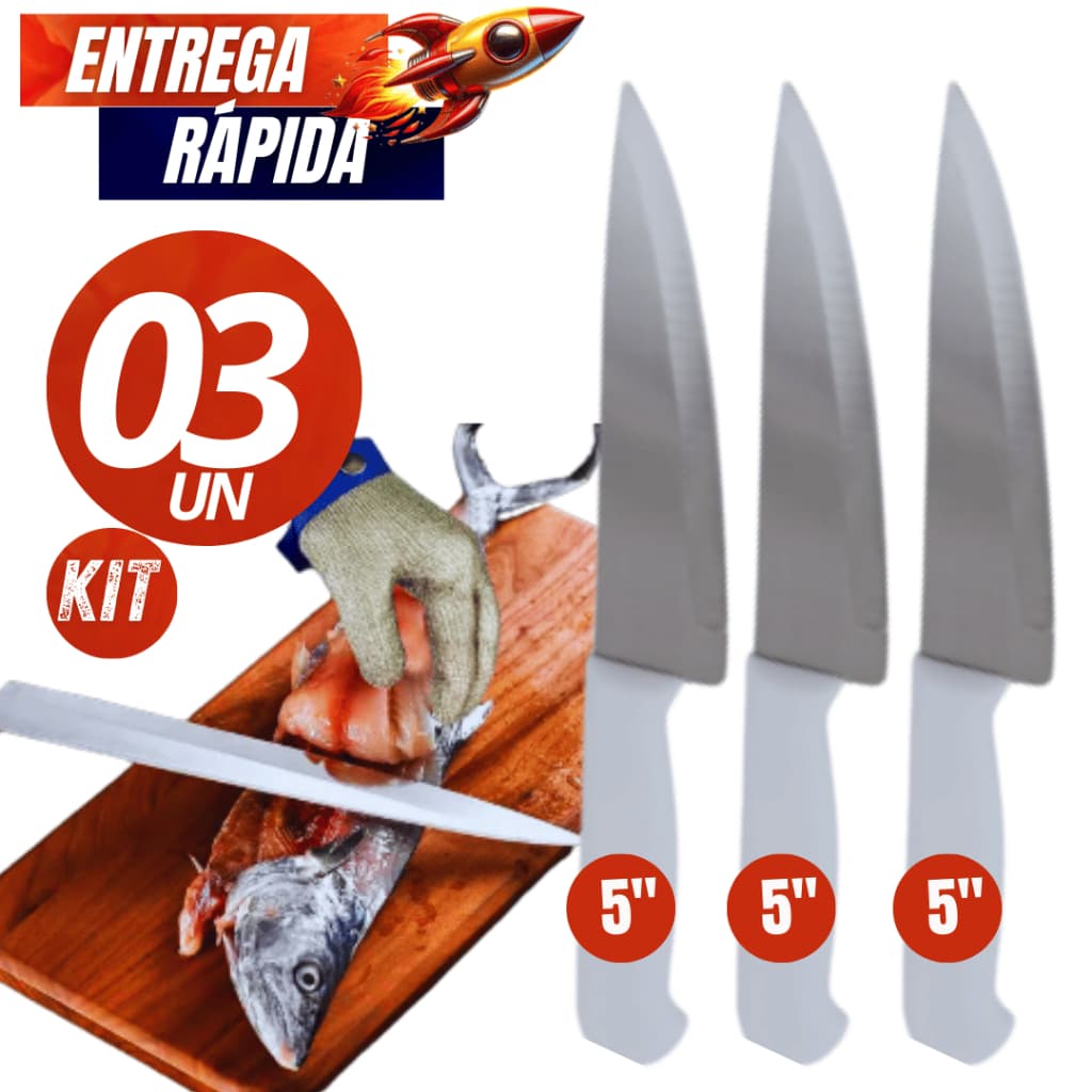Jogo 3/2/1 Facas Inox Churrasco Peixeira Cozinha 5" Polegadas Durável resistente Linha Premium Variáveis Utilidades