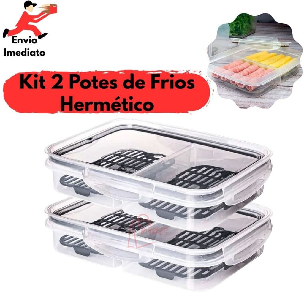 Kit 2 Pote de Frios 100% Hermético com 2 Divisórias Lig Brin Com Escorredor Tampa Com Trava