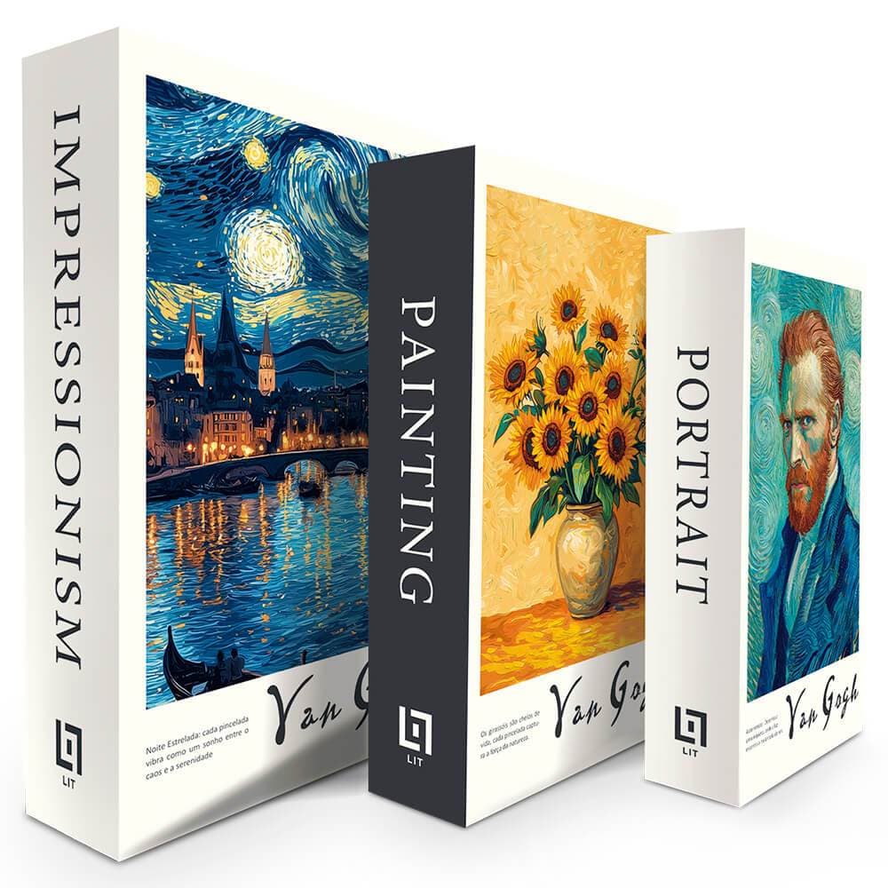 Kit Com 3 Falso Van Gogh Artista Livro Decorativo Organizadores Objetos Conjunto Enfeites Decoração