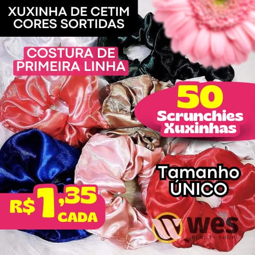 Atacado Kit com 50 Xuxinhas (Scrunchies) de Cetim Anti-Frizz CORES SORTIDAS