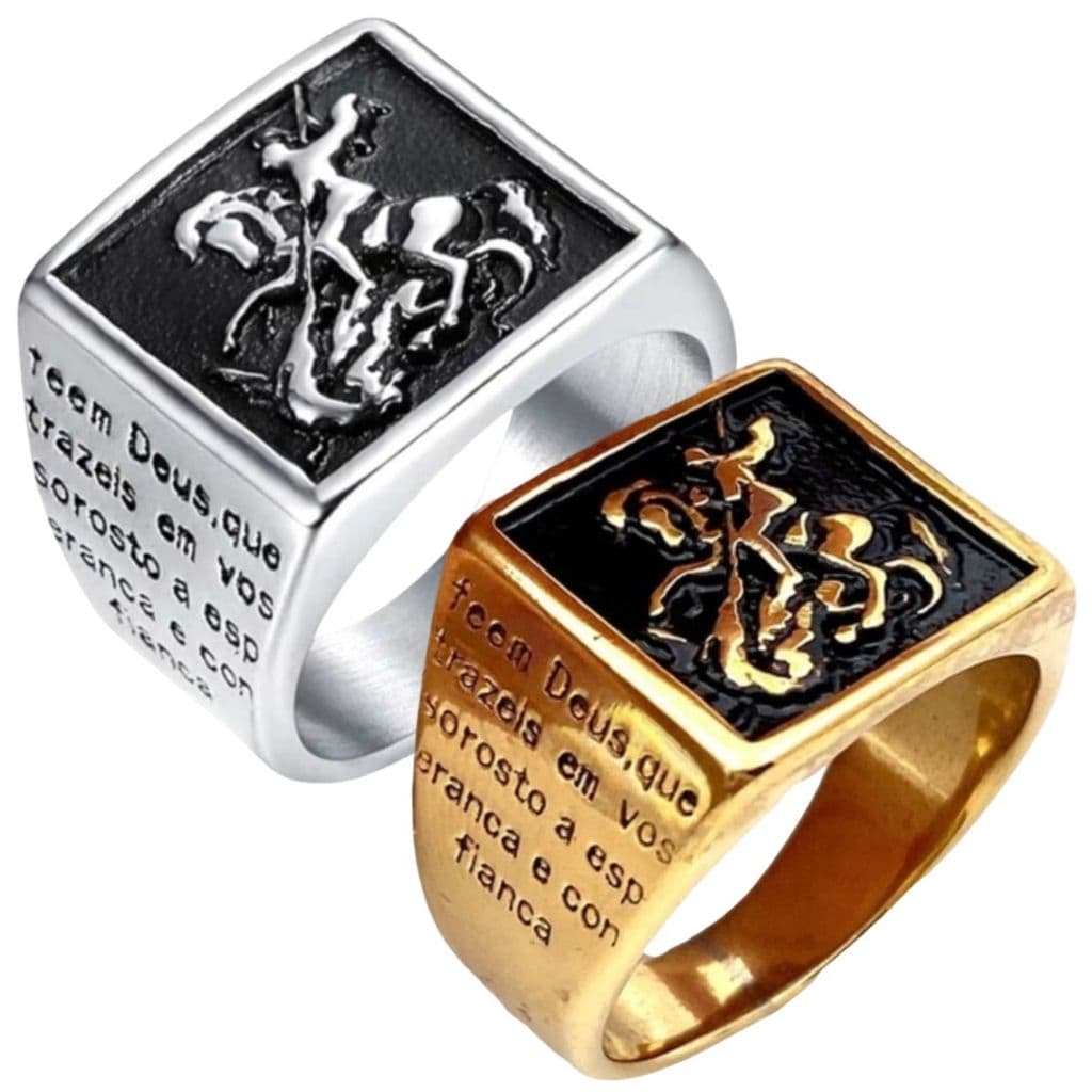 Anel Religioso São Jorge Oração Católico Banho Ouro 18k Aço Inox Espiritualidade Proteção Divina
