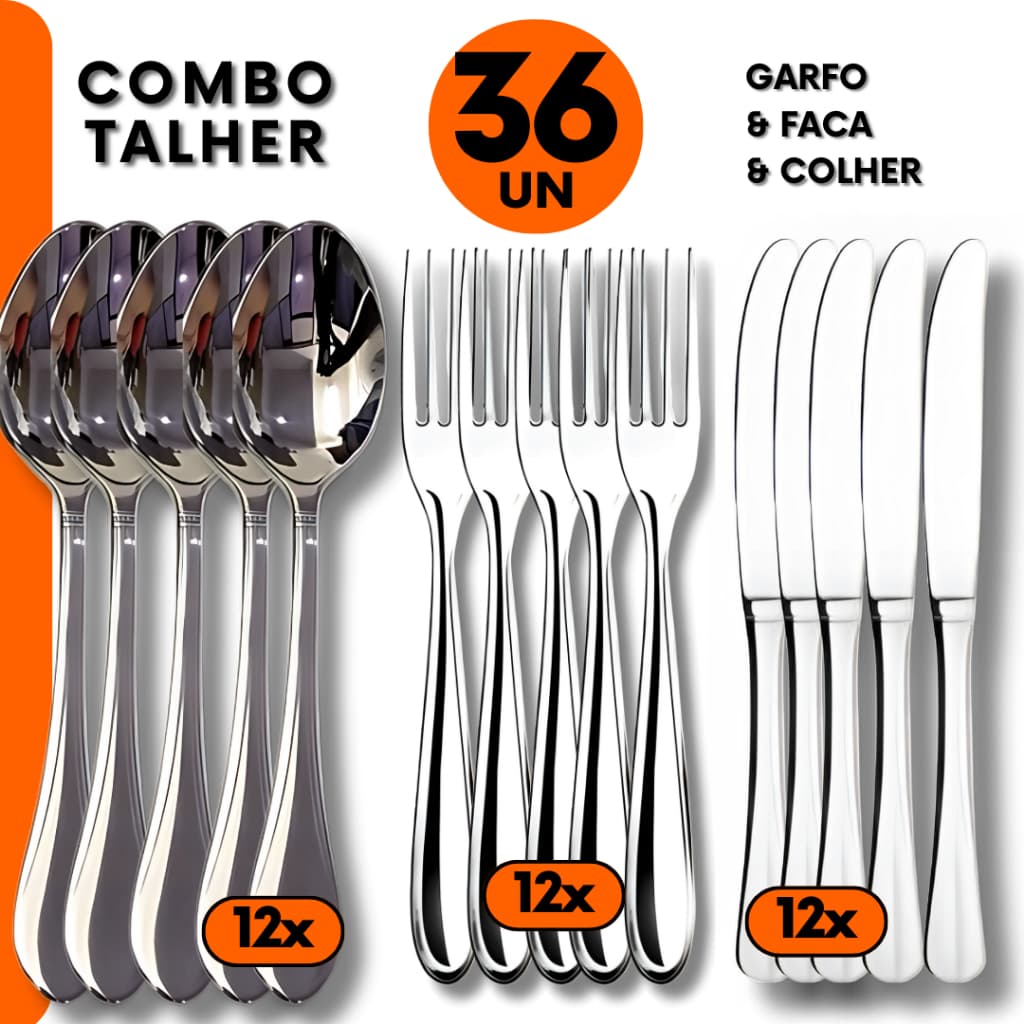 Conjunto jogo 36pçs -Talher Garfo, Faca e Colher Inox para Jantar Almoço Refeição em Bar Restaurante