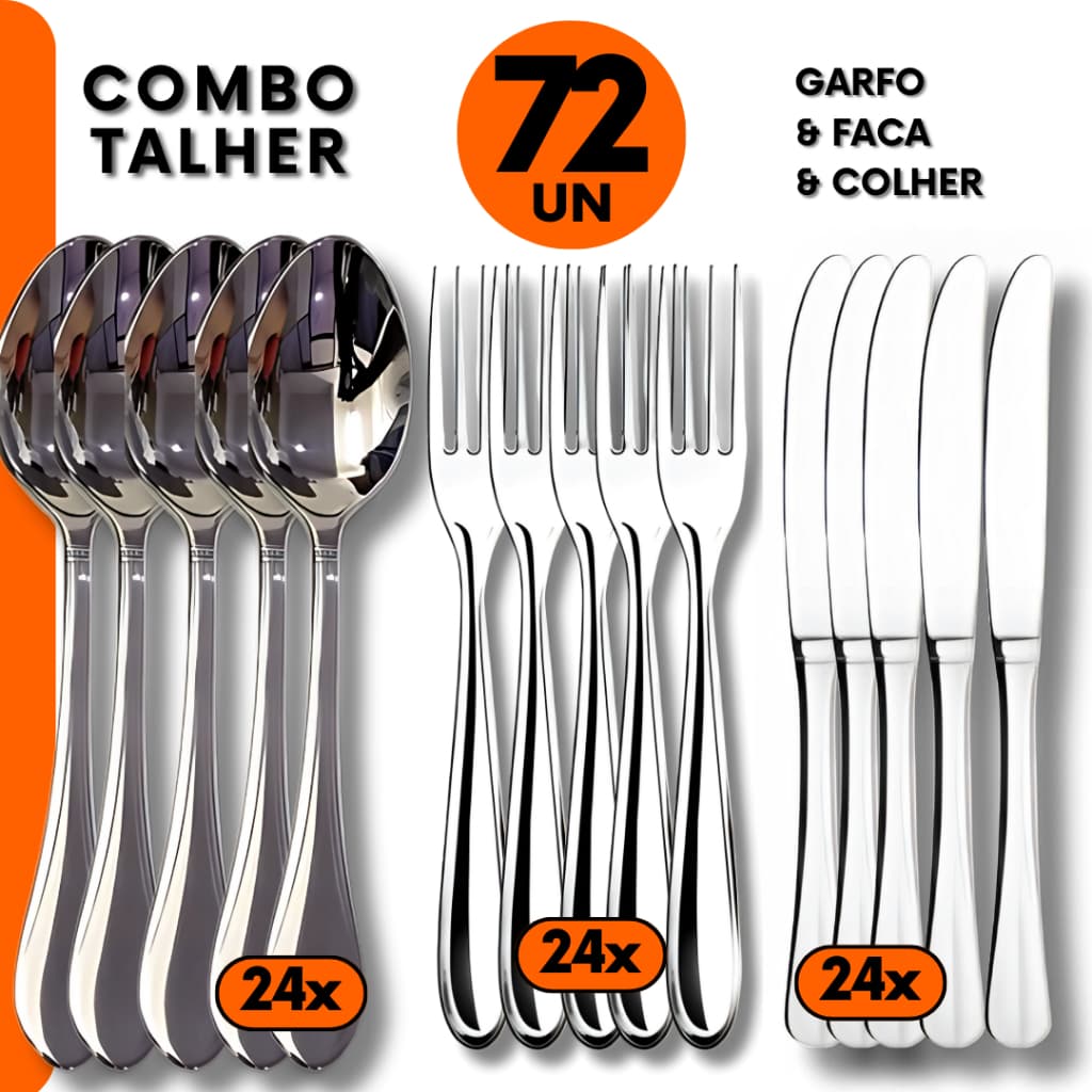 Combo Inox 72 Talheres  - Colheres, Garfos e Facas para Jantar, Bares, Restaurante e Buffet