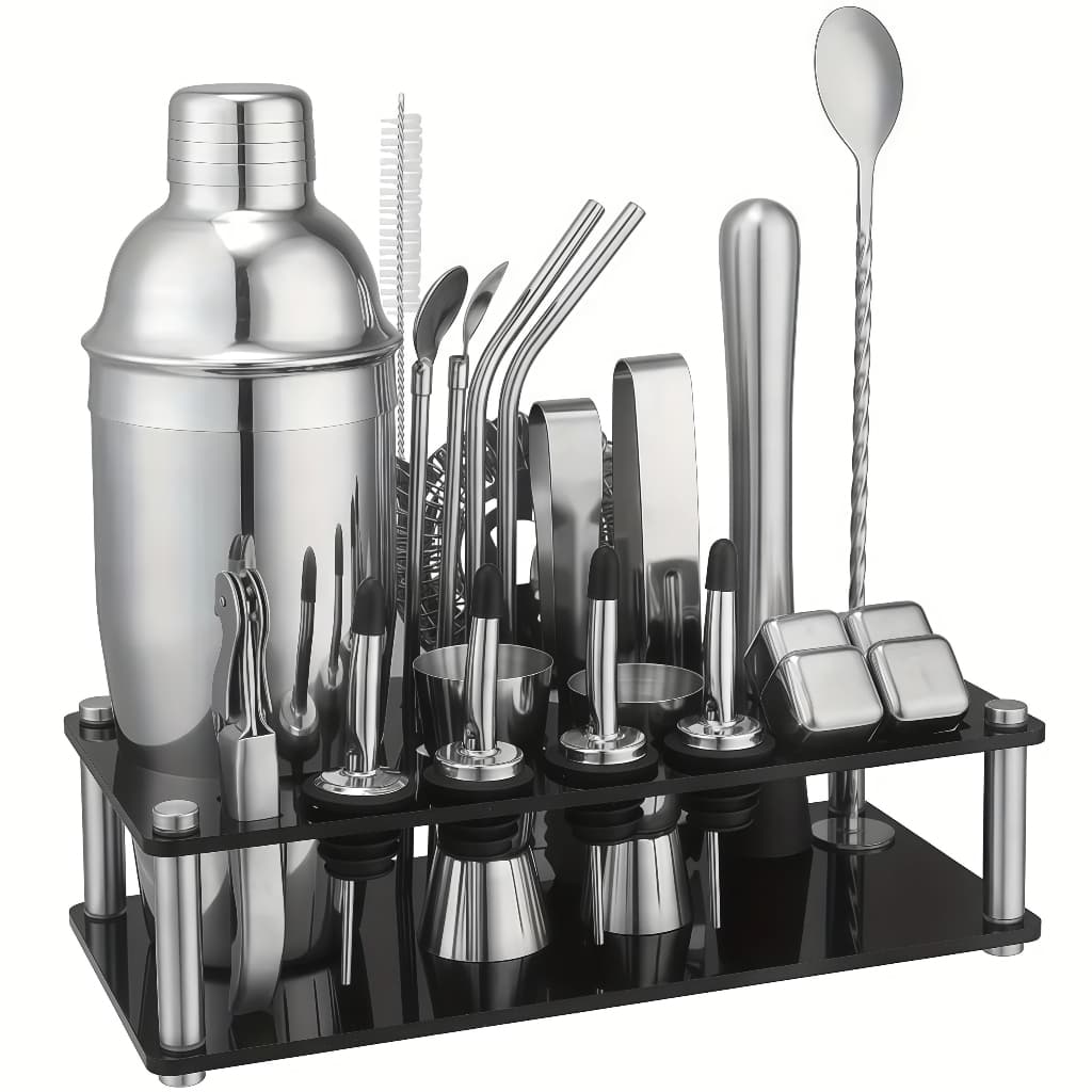 Kit 23 Peças Cocktail Bar Utensilios Inox Coqueteleira 750ml Profissional + Suporte Sacador Dosador