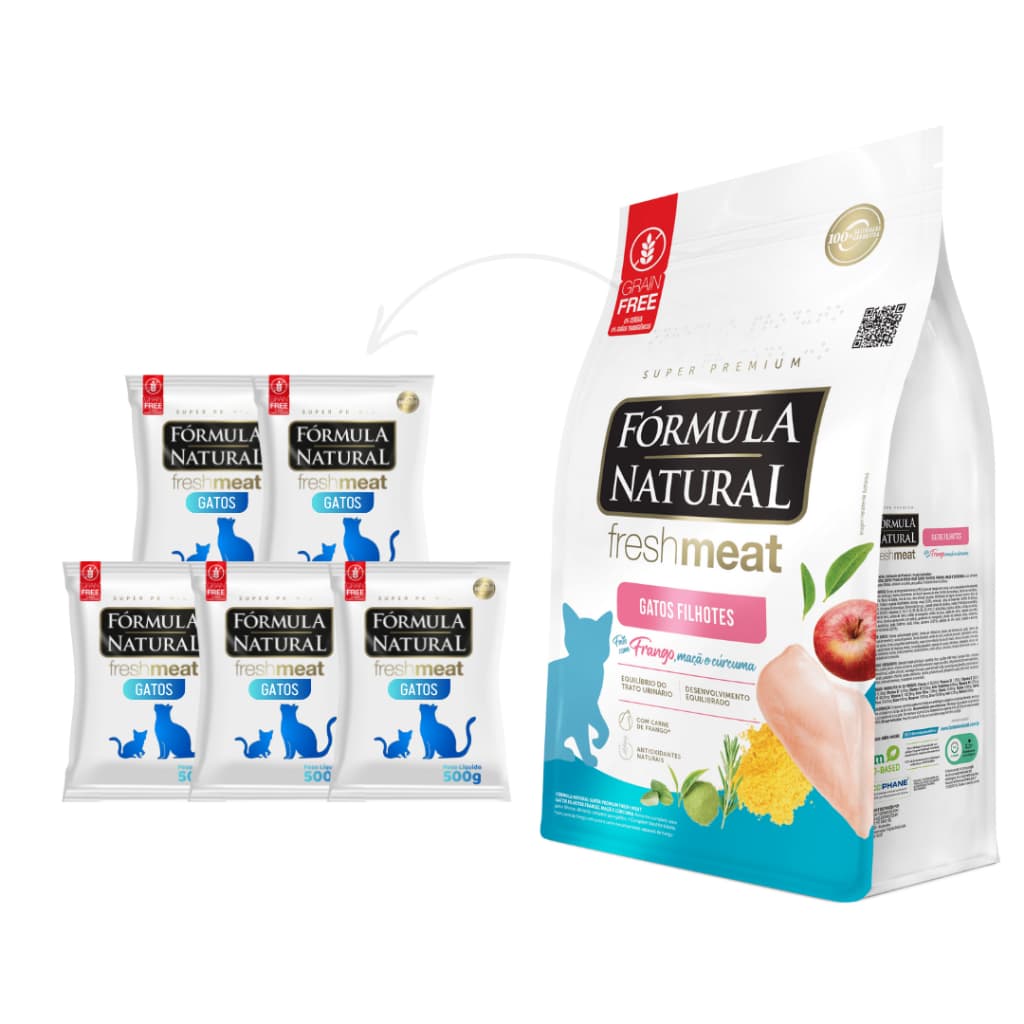 Kit Especial C/5 Fórmula Natural Ração Sabor Frango Premium Fresh Meat P/ Gatos Filhotes 500g