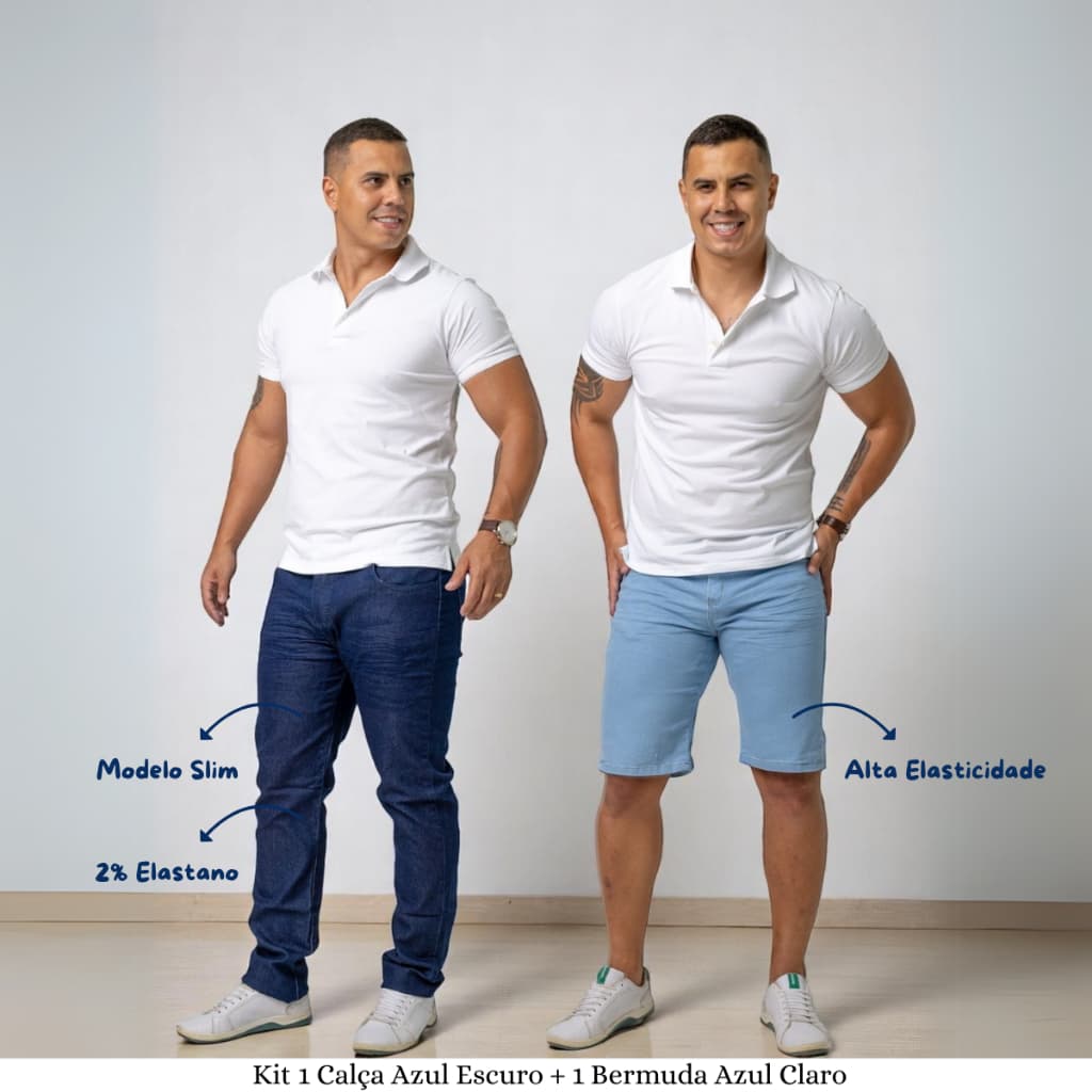 KIT Calça 1 Azul Escuro Padrão Lycra + 1 Bermuda Jeans Reta - Escolha A Variação | Lions Jeans
