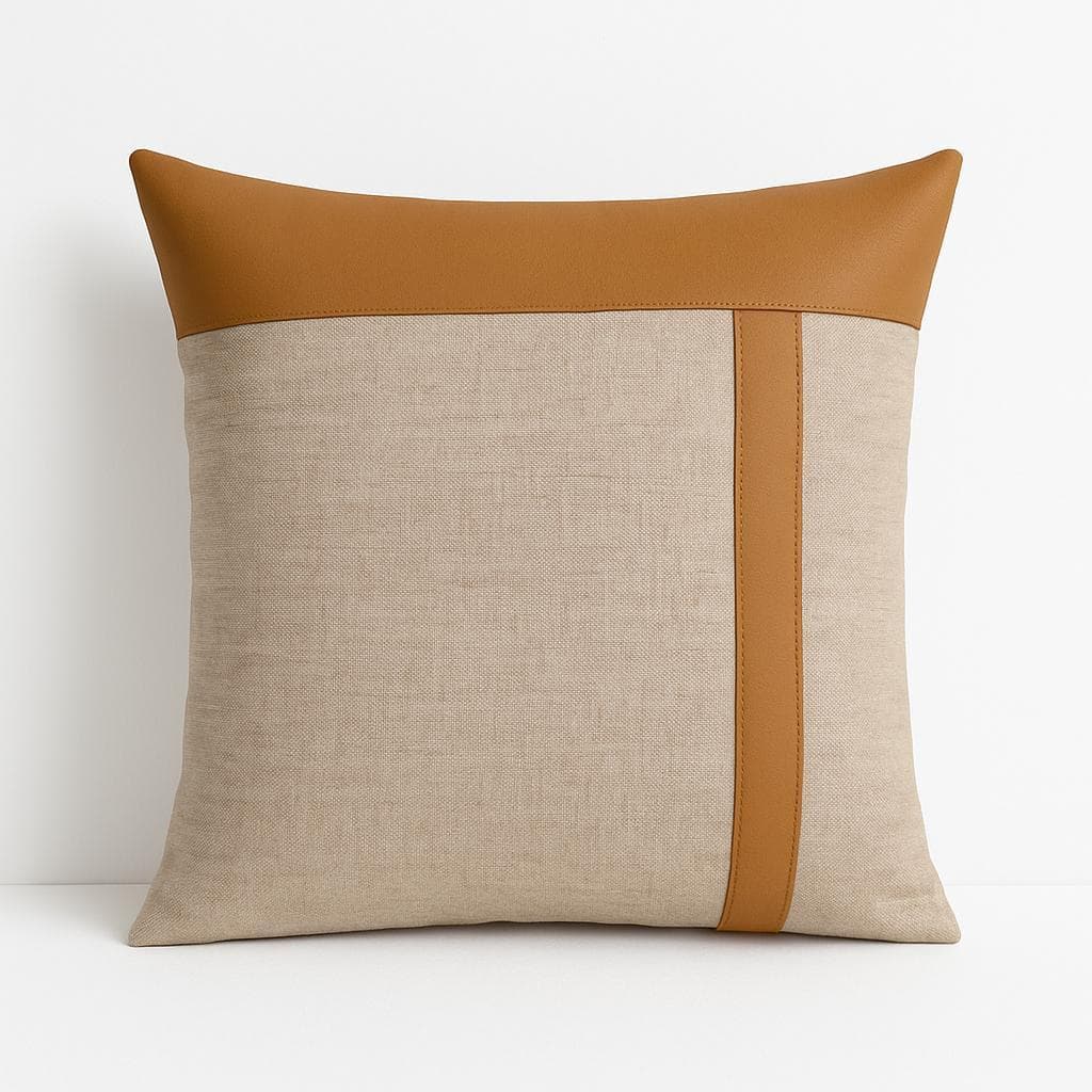 Capa De Almofada em T Linho Decorativa Com Couro Caramelo  45x45cm
