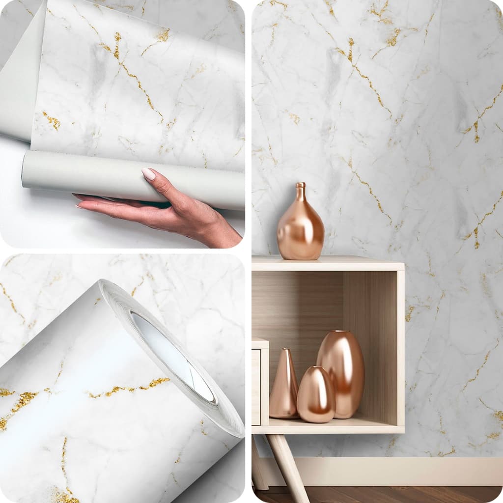 PAPEL DE PAREDE ADESIVO MARMORE BRANCO E DOURADO PARA COZINHA ROLO 6M