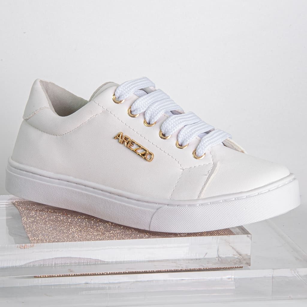 Tênis Casual Feminino Branco Couro Confortável Leve Detalhe Metal Plataformas