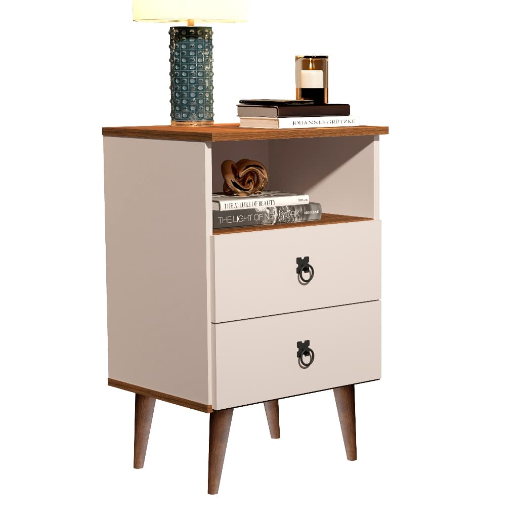 Mesa de cabeceira dream madri 2 gavetas pés palito retro com 2 gavetas e prateleira para quarto -