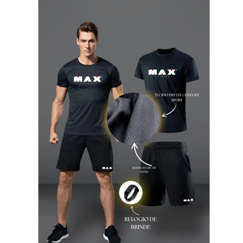 CAMISETA E BERMUDA DRY FIT CONFORTO ESTILO E PERFORMANCE EM UM SO PRODUTO ESTAMPA MAX TOP + RELOGIO DE BRINDE