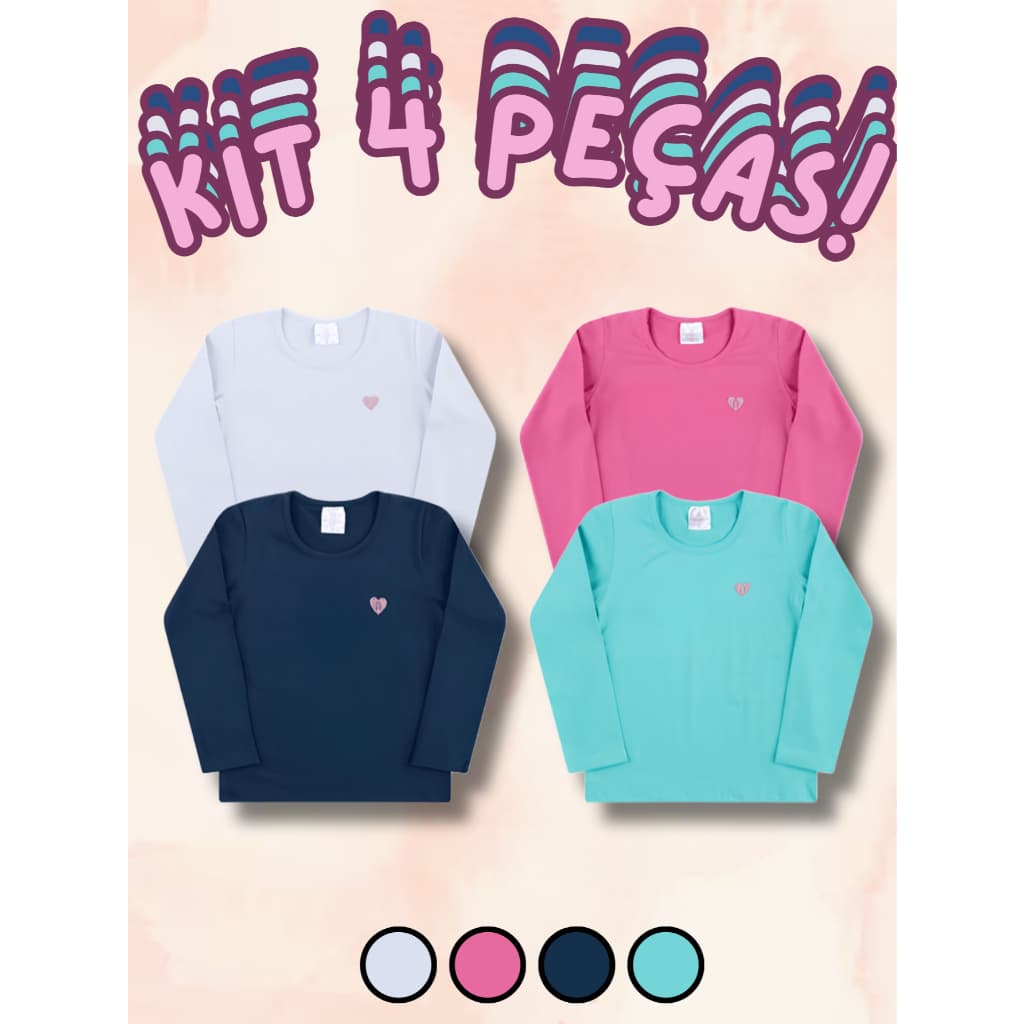 Kit 4 peças Blusinha Menina MANGA LONGA Arrumadinho Lisa ou Estampada Inverno Algodão 1 ao 14