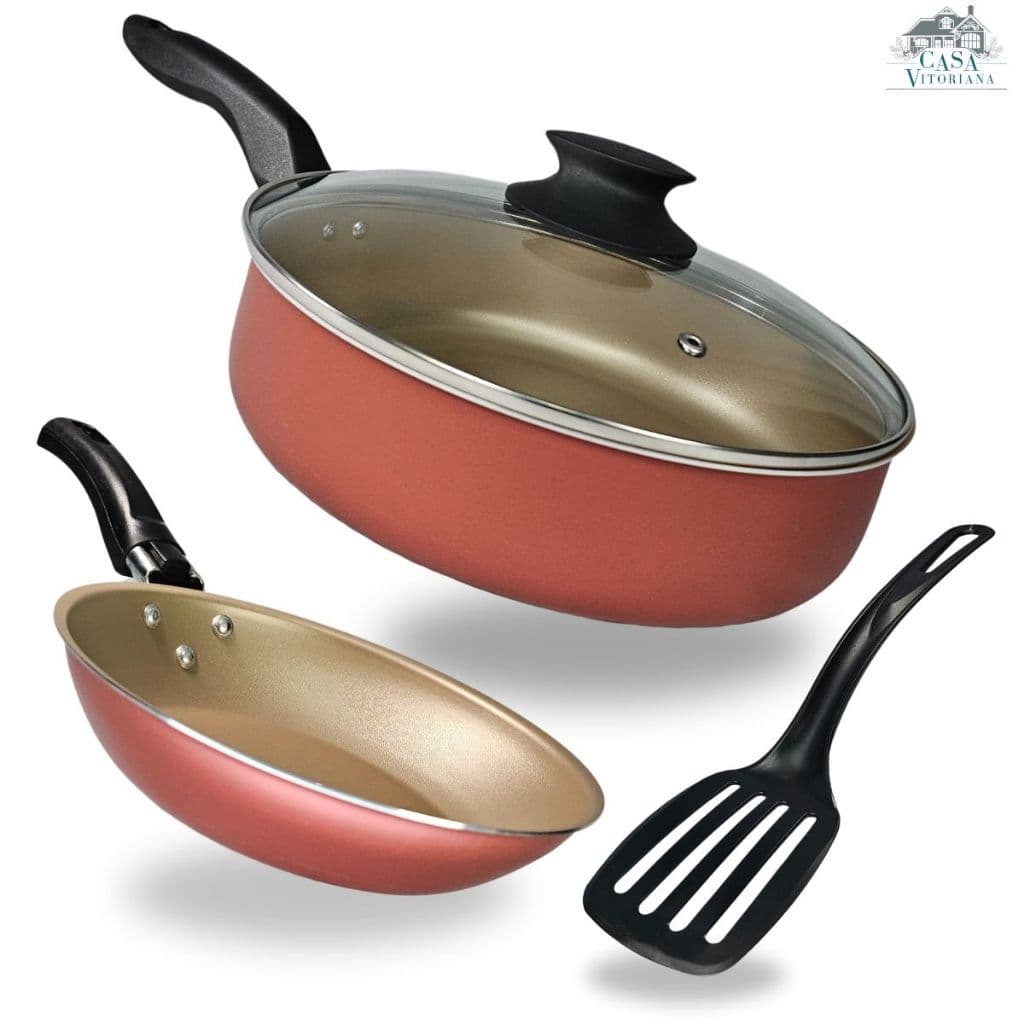 Kit Frigideira Alta 22 cm com Tampa de Vidro e Frigideira Francesa 16 cm Antiaderente Teflon Cereja