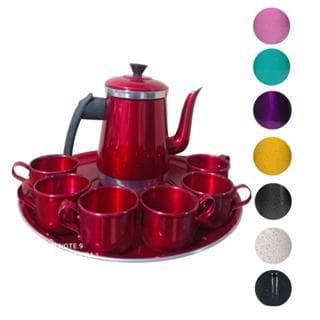 Jogo Bule Kit Café Com 6 Xícaras E Bandeja Café Chá Alumínio Retro Premium