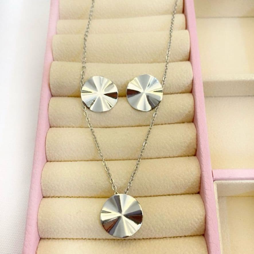 Conjunto Colar  Brinco  Feminino Botão Prata Aço Inox Hipoalergênico Minimalista Delicado