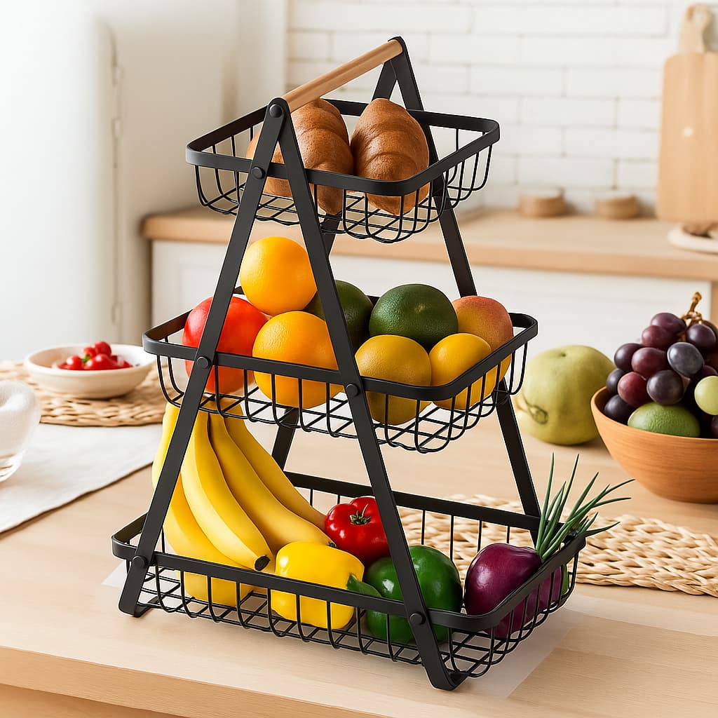 Fruteira De Mesa Aramada Metal Moderna E Resistente 3 Andar